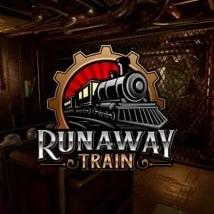 Logo for 'Runaway Train' featuring a black steam locomotive and a large red gear.  VR escape game a Escape Rooms Drogheda.