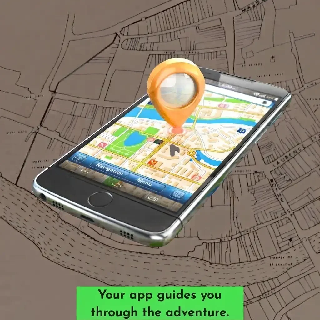 Smartphone displaying a map with a location pin and the caption "Your app guides you through the adventure".