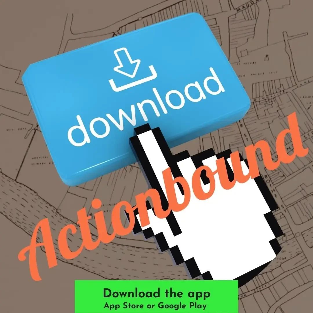 A blue download button with a white arrow pointing down and the word "download" on it, overlaid with a pixelated hand cursor clicking on it, and the words "Actionbound" in orange. A green box at the bottom says "Download the app App Store or Google Play". The background features a map or blueprint.