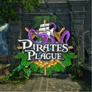 A colorful sign with a cartoon octopus holding a sword, with the words "Pirates of the Plague" surrounded by tropical leaves, in front of a stone structure with water and greenery.  VR escape game a Escape Rooms Drogheda.