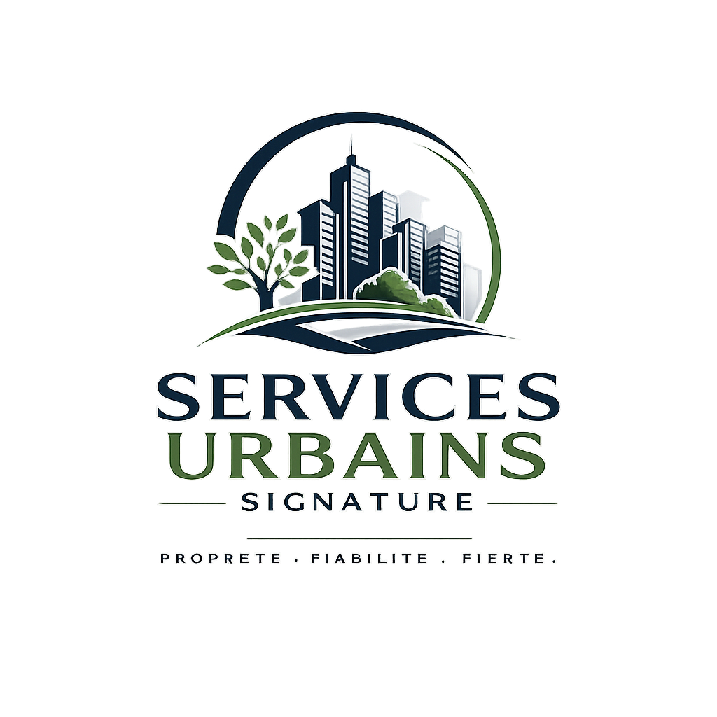 Logo d'une entreprise de services urbains avec des bâtiments, un arbre, et des mots en français : Services Urbains Signature, Propreté, Fiabilité, Fierté.