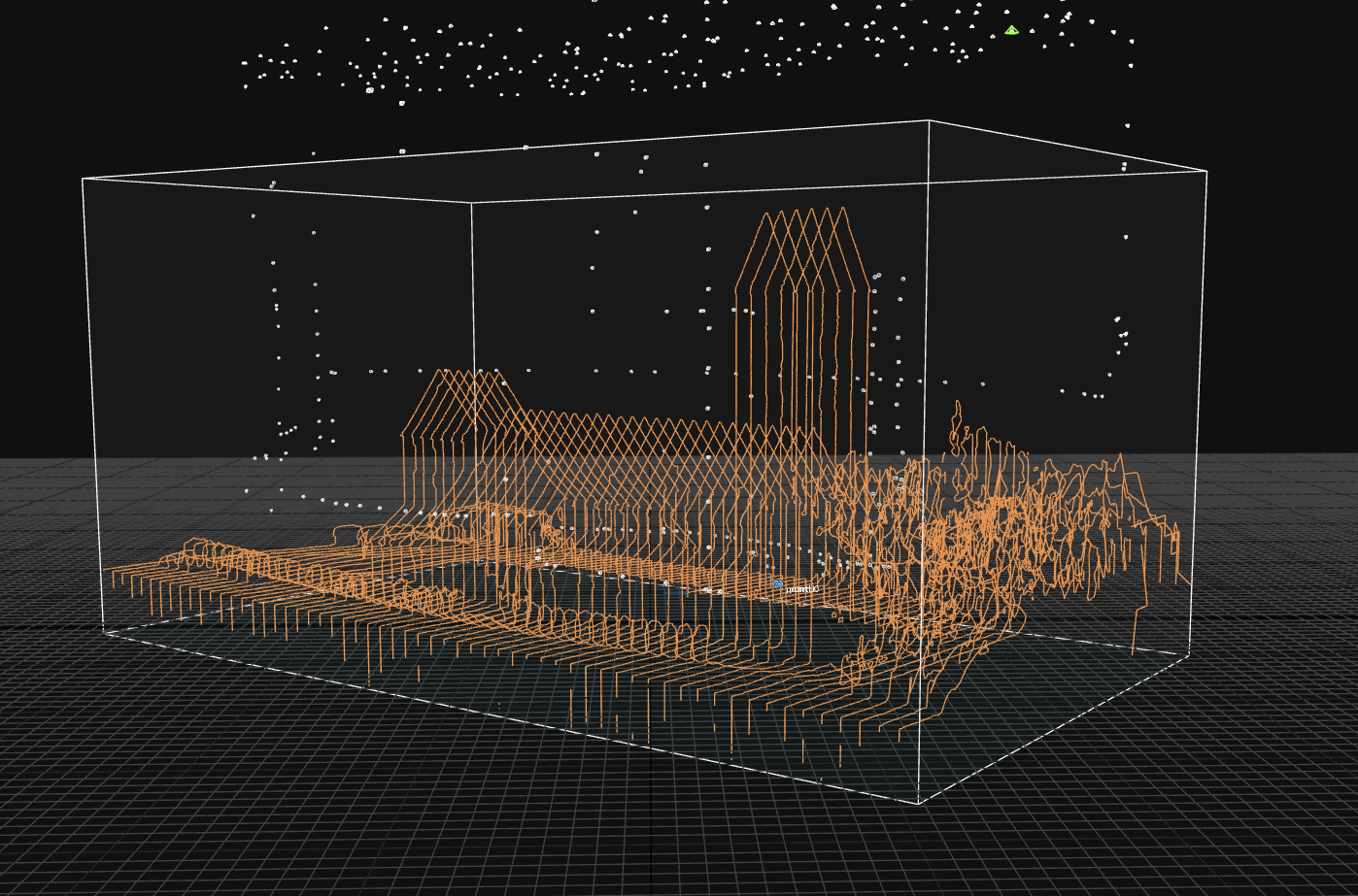 Photogrammetrisches 3D-Projekt mit Kamerapositionen und Querschnittslinien