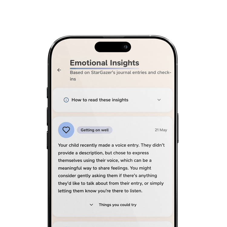 Black iphone with app screen mockup showing emotional insights entry including how to read insights and things you can try