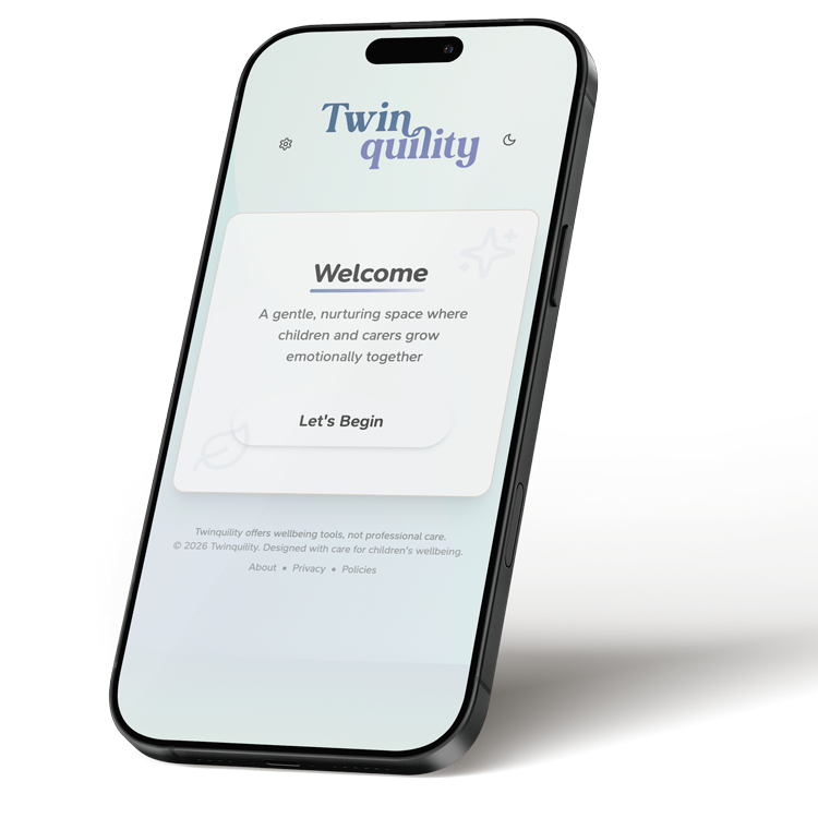 Black iphone with teal app interface showing twinquility logo and a warm welcome screen