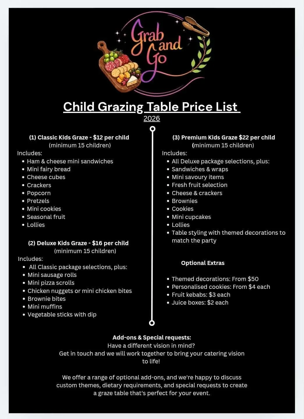 Child grazing table price list with options for Classic Kids Graze, Deluxe Kids Graze, and Premium Kids Graze, including various food items and optional extras for children's parties.