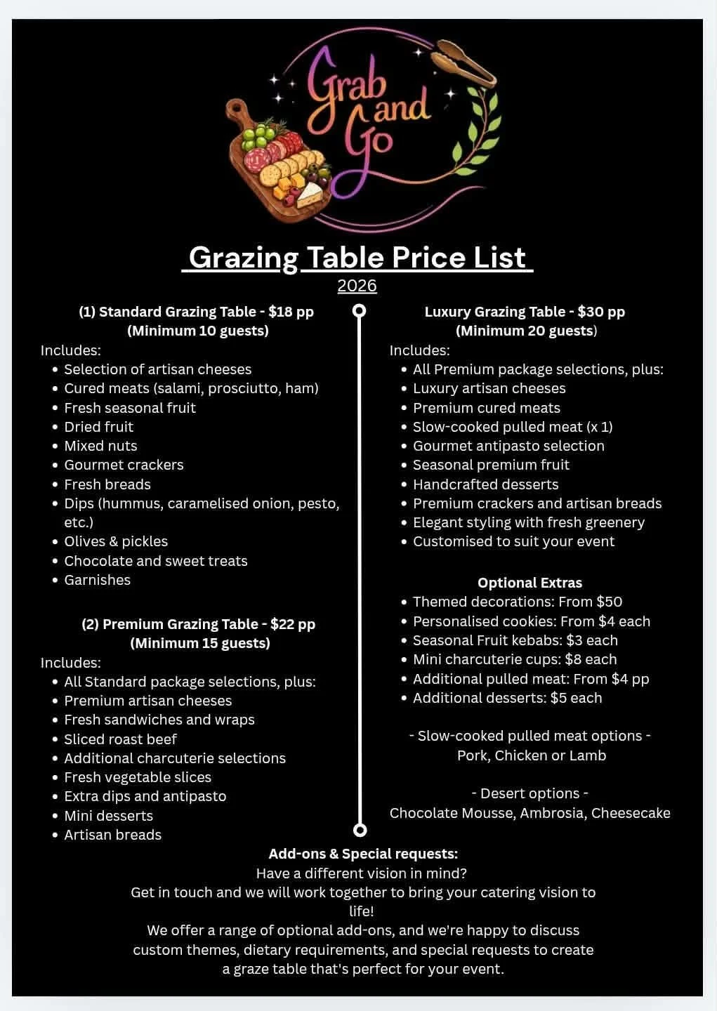 Grazing table price list for 2026, with options for standard, premium, and luxury grazing tables including cheeses, cured meats, fruits, nuts, breads, dips, chocolates, and optional extras like themed decorations, personalized cookies, and additional meats, desserts, and themed options.