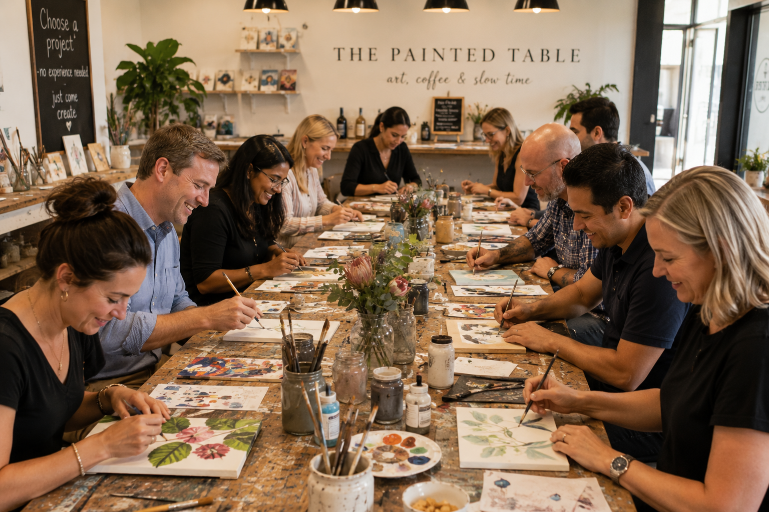 People participating in a daytime painting class at a long wooden table in a decorated art studio, with paintbrushes, paints, and floral art on canvases.