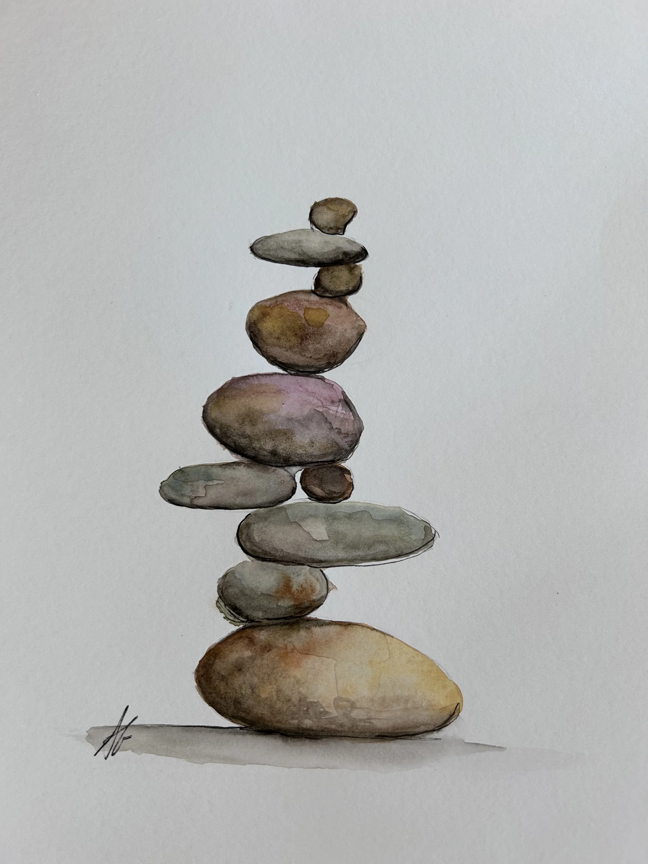Watercolor painting of ten rocks stacked in a balanced formation on a white background.
