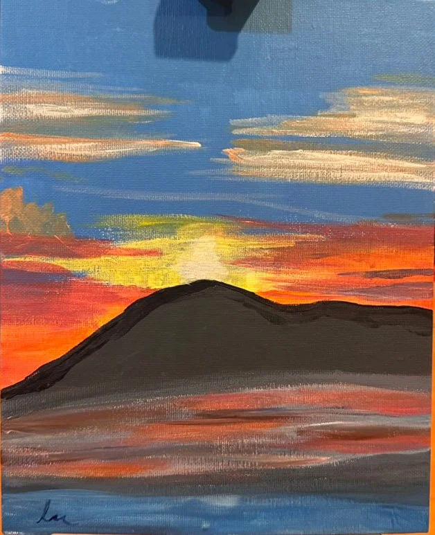 Painting of a sunset over a mountain with a colorful sky and water reflection.
