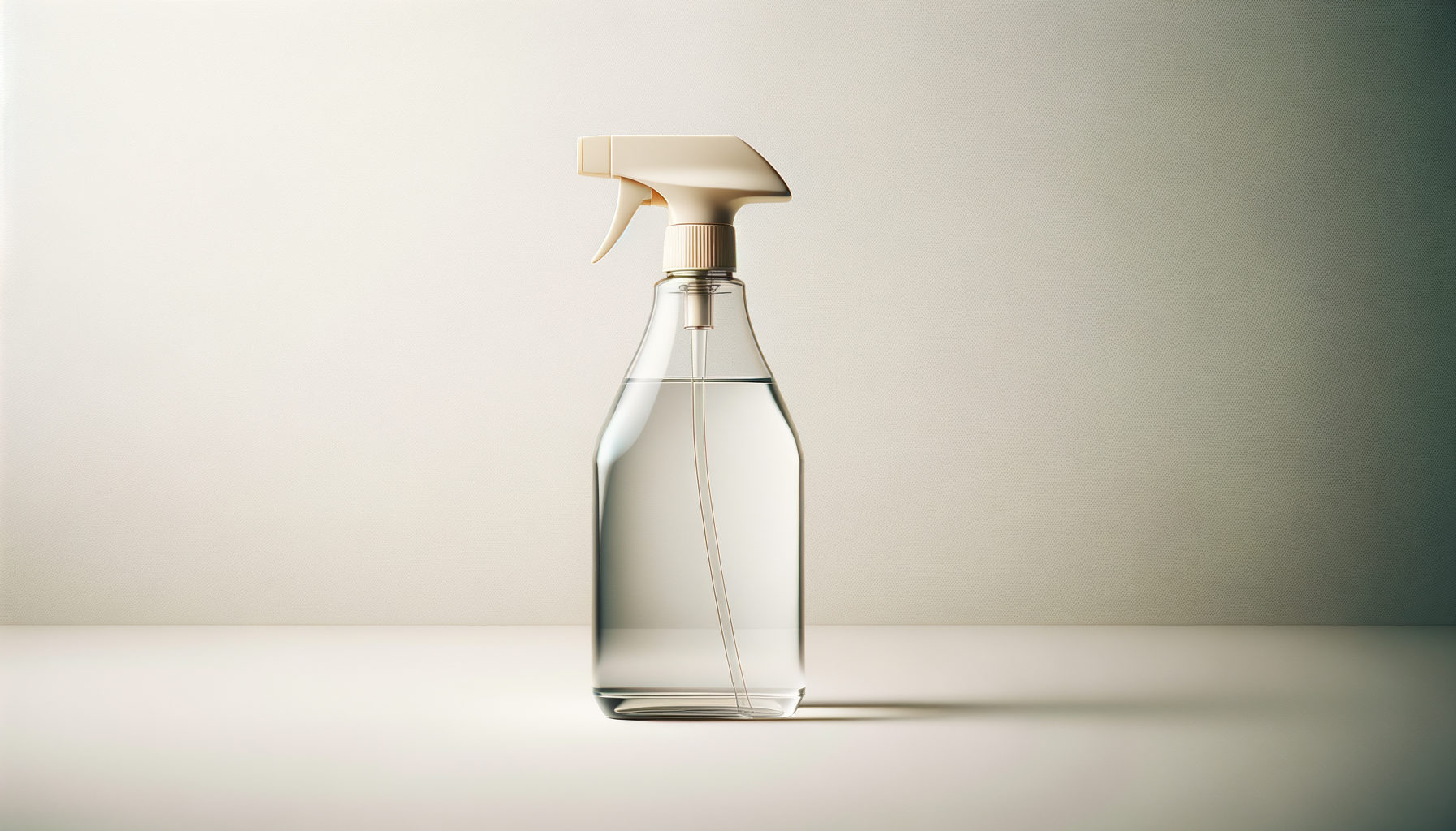 A clear plastic spray bottle filled with a transparent liquid, with a cream-colored trigger spray nozzle, placed on a white surface against a beige background.
