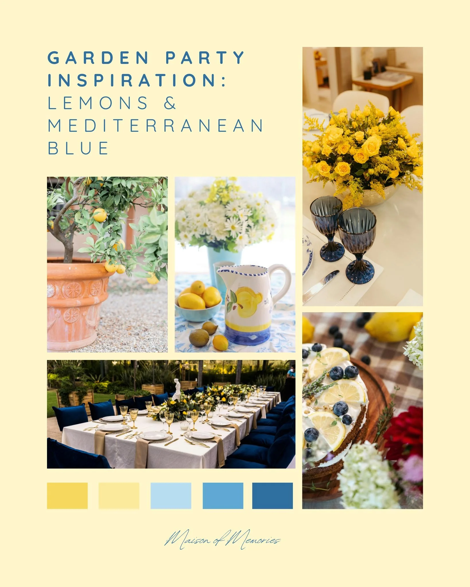 If your dream garden party feels fresh, joyful, and full of summer charm&hellip; lemon and Mediterranean blue might be the perfect palette 🍋🤍

Think citrus details, blue ceramics, white florals, linen textures, and a table set for a warm evening ou