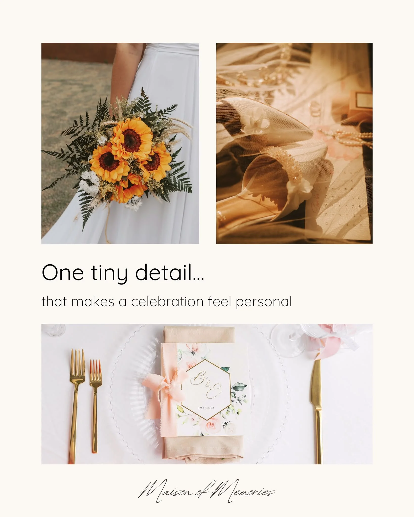 One tiny detail I always love: something that feels personal to the guest or the celebration.

It could be a handwritten place card, a favourite flower, a meaningful scent, a ribbon in the right colour, or a small note at each setting.

These little 