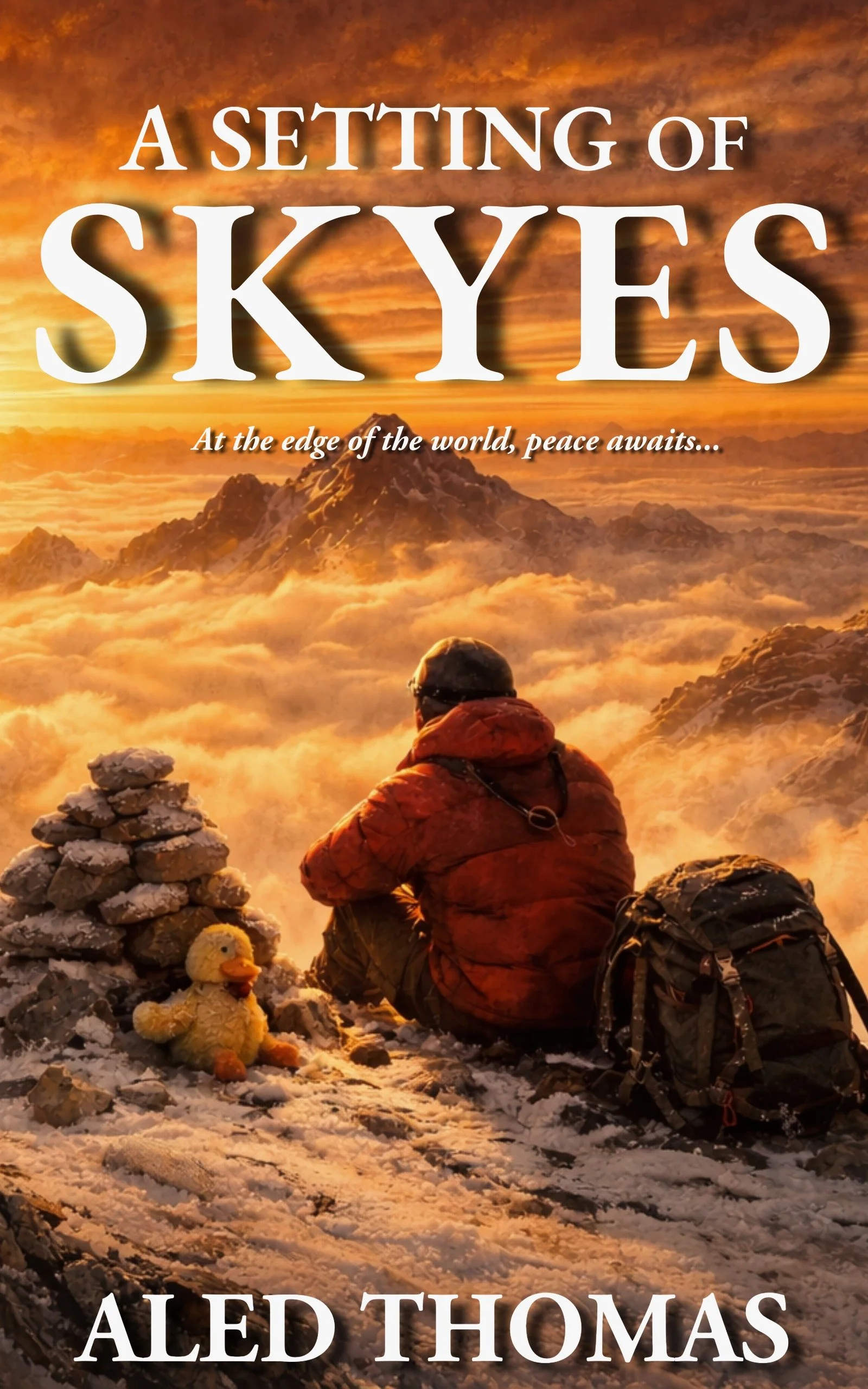 Book cover titled 'A Setting of Skies' by Aled Thomas, depicting a mountain scene at sunset with a person sitting on snow-covered ground, a stuffed duck toy, and backpacks.