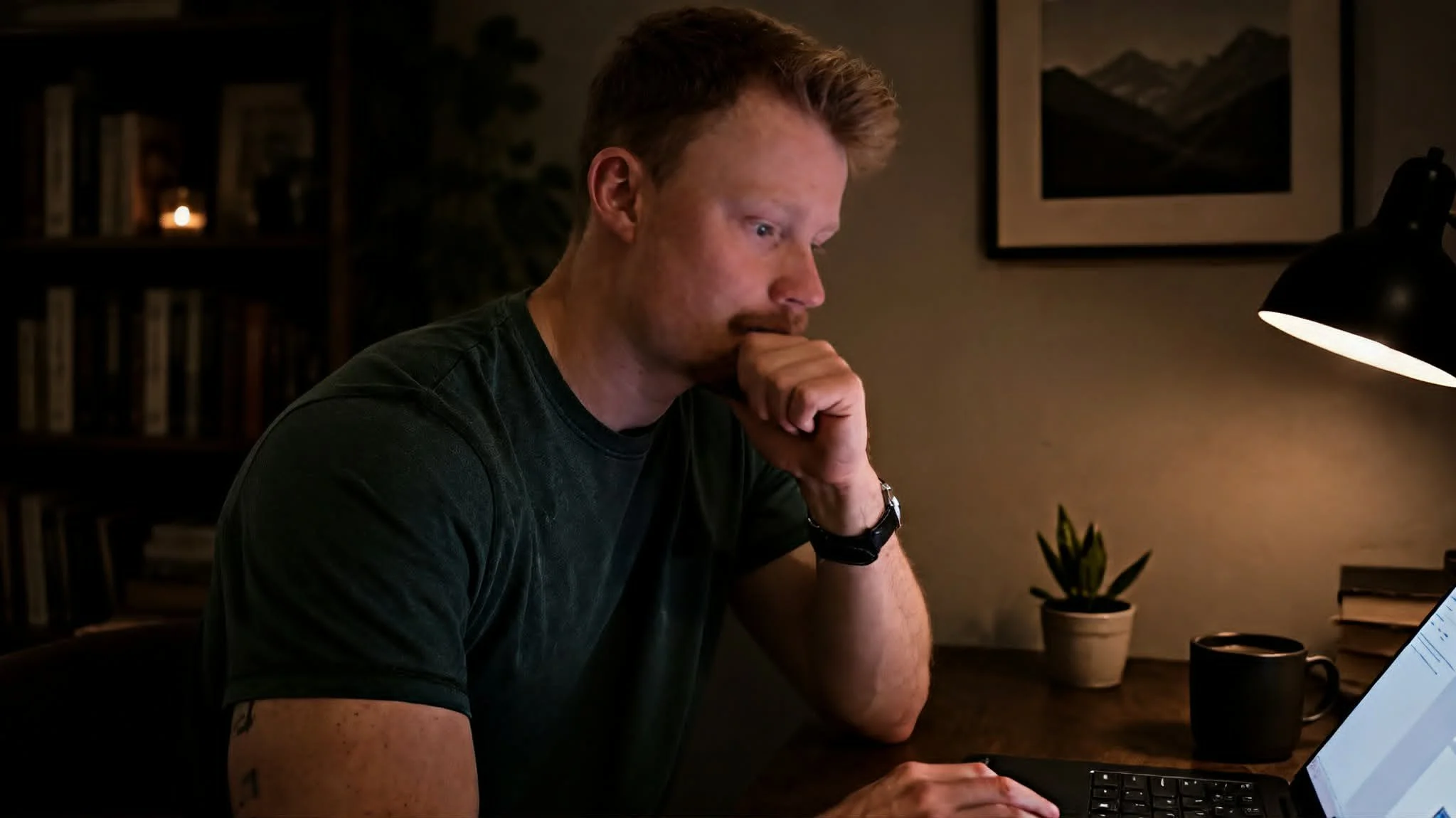 A young man with red hair and freckles sitting at a desk, working on a laptop in a dimly lit room, with a potted plant, bookshelves, and framed artwork on the wall in the background.