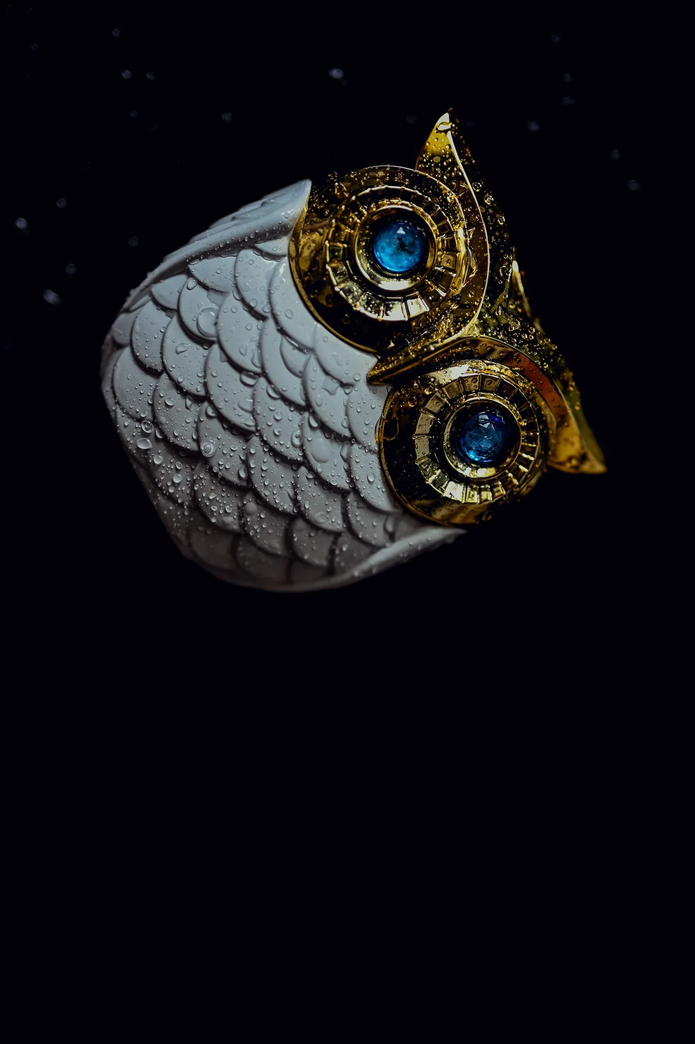 Close-up of a mechanical owl's face with intricate details, gold and white features, large blue eyes, dew drops on feathers, set against a black background.