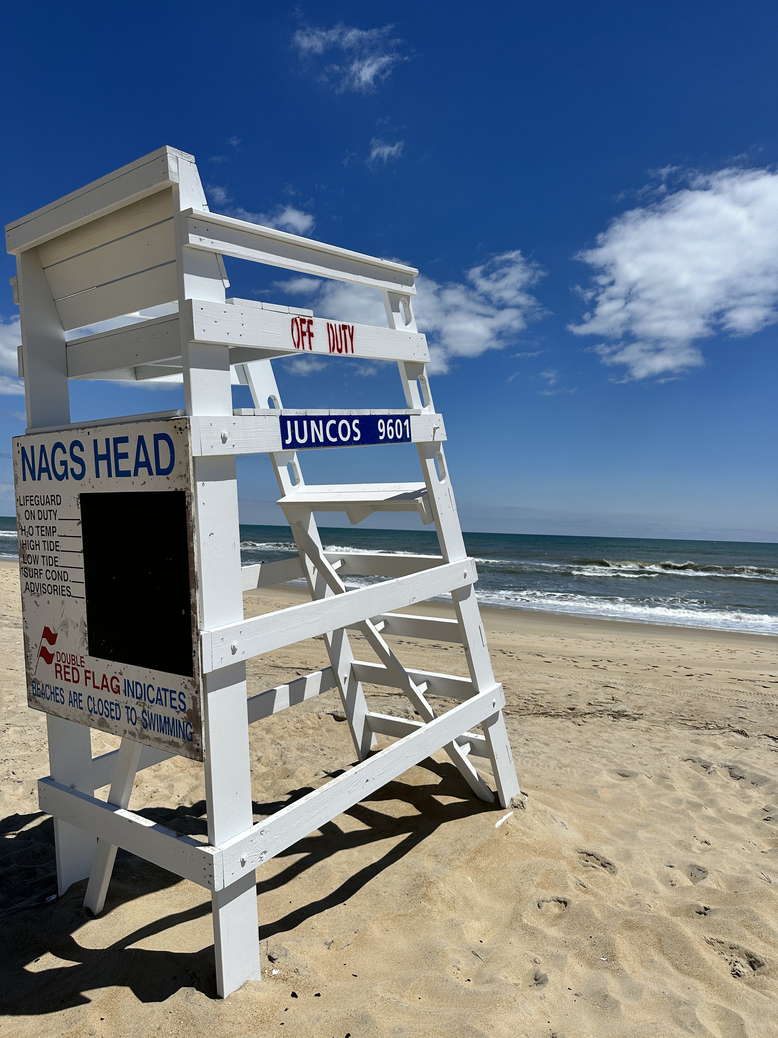 White lifeguard chair on a sandy beach with a sign indicating swimming is closed, ocean waves in the background, and a blue sky with clouds.