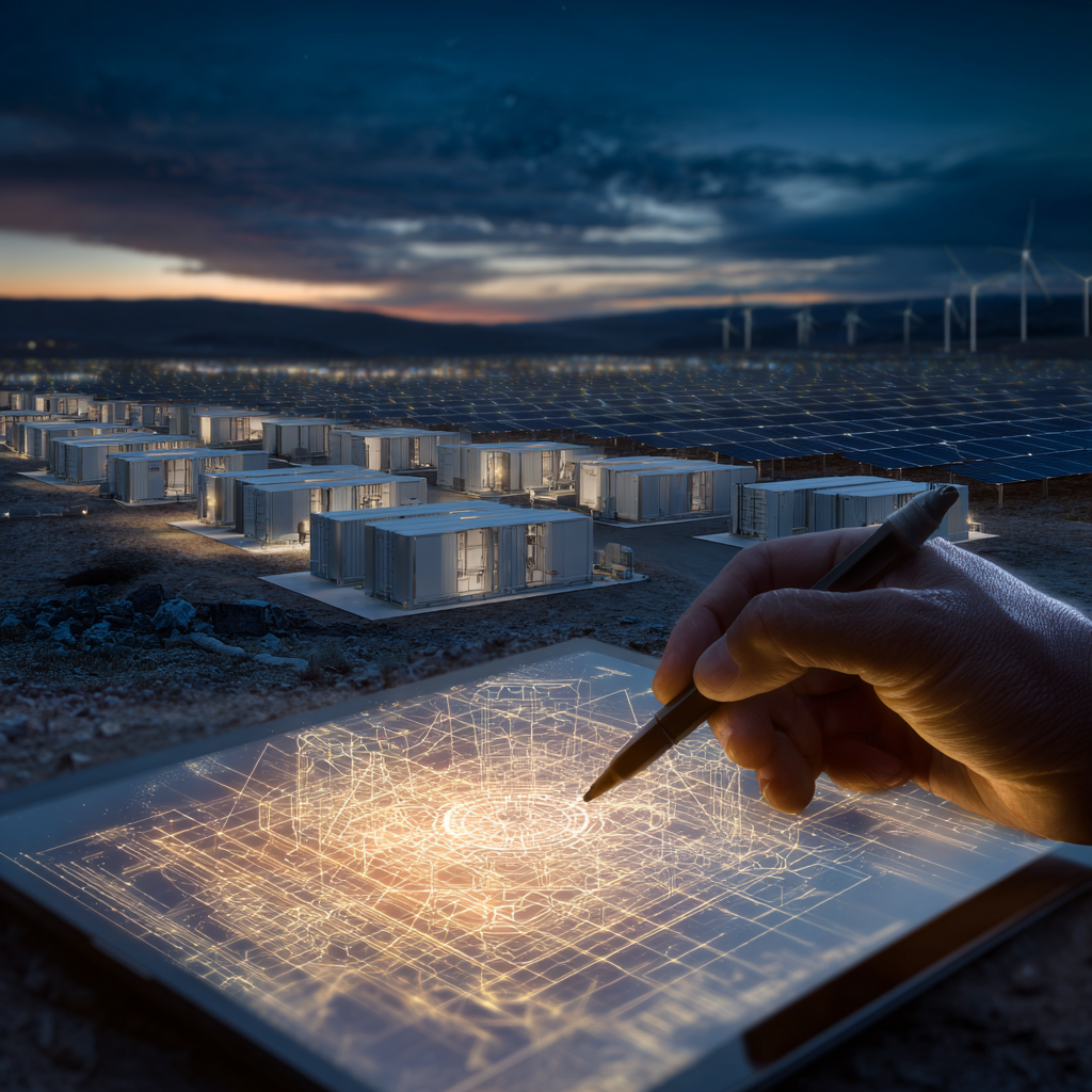 A hand holding a digital stylus over a glowing architectural tablet, with a vast solar panel array and battery storage facility stretching across the landscape in the background.