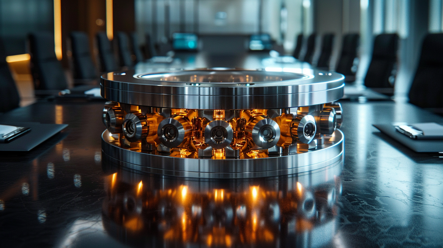 A futuristic, precision-engineered metallic ring component with glowing amber internal mechanics sitting on a polished glass boardroom table.