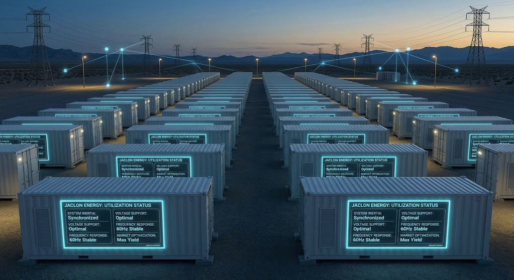 Dozens of utility-scale battery energy storage containers under a twilight sky, overlaid with glowing digital readouts displaying system inertia and synchronization data.