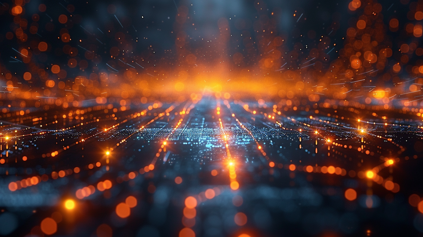 An abstract digital visualization of an artificial intelligence neural network with glowing orange nodes and data streams representing algorithmic energy dispatch routing. 7. An Agile, MoE Operating Structure (Futuristic ring on boardroom table).
