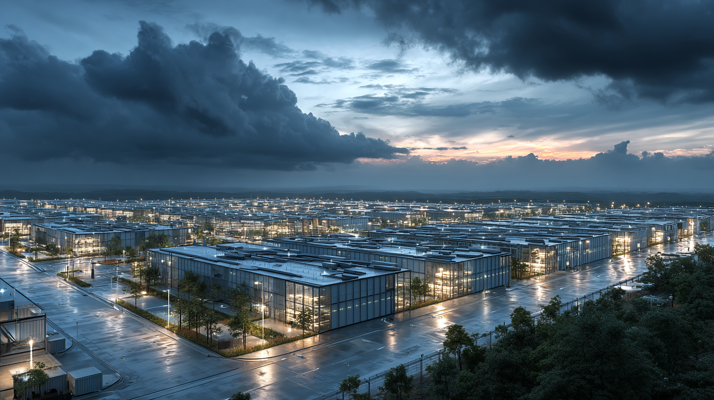 A massive, illuminated hyperscale data center and advanced microgrid facility operating at dusk under a dramatic, cloudy sky.
