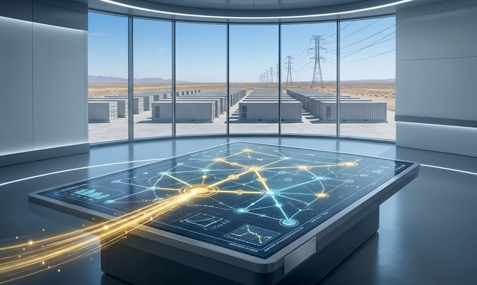 A modern observation room featuring a glowing holographic map of a connected energy network on a table, looking out over a large-scale battery storage facility.