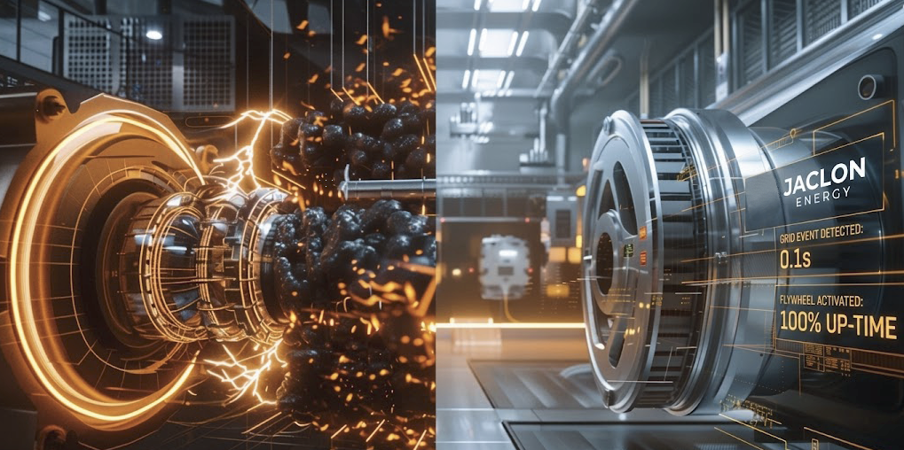 A side-by-side comparison showing raw, sparking electrical energy on the left and a sleek, modern kinetic flywheel energy storage mechanism on the right.