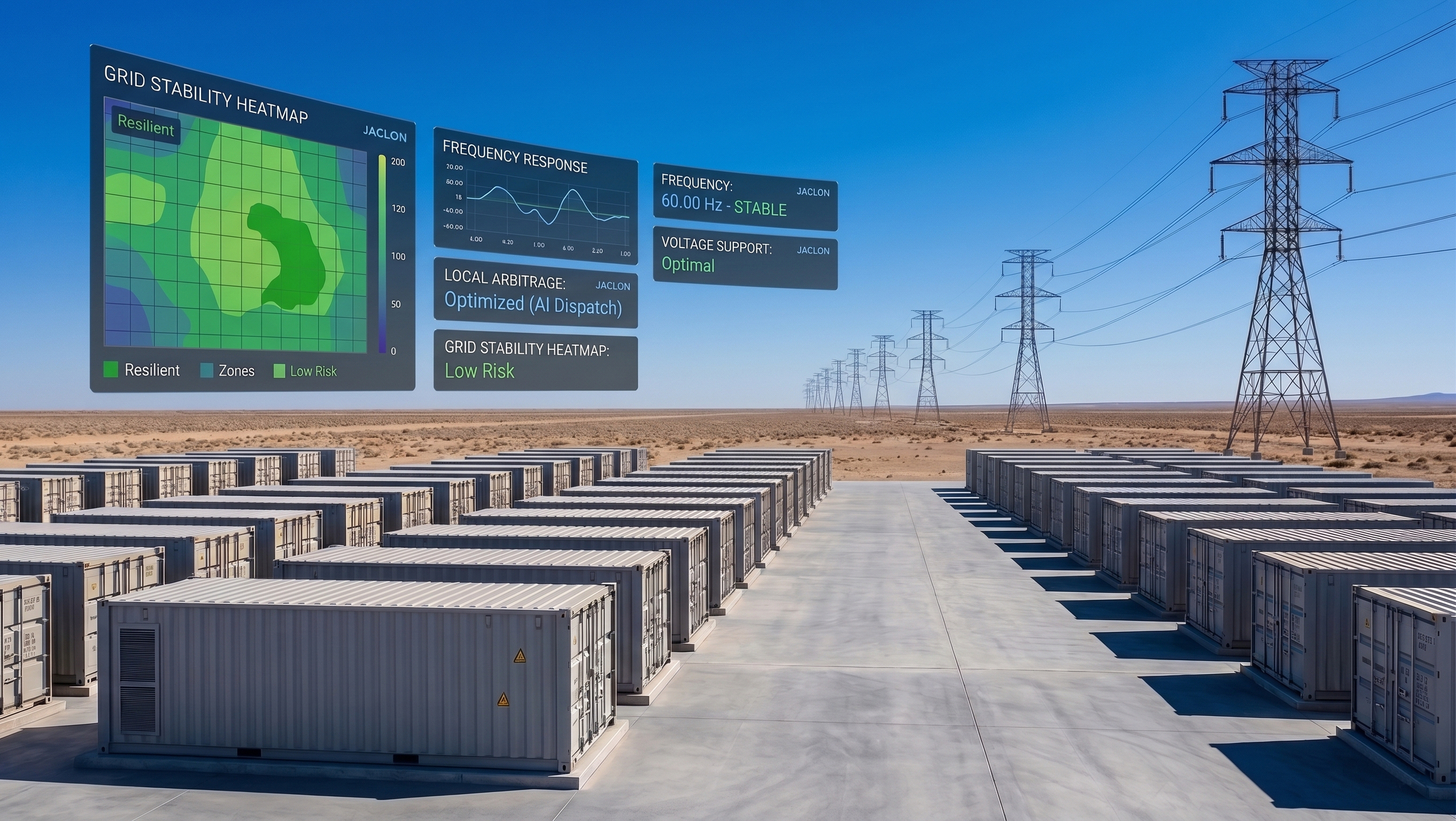 Rows of white utility-scale battery energy storage containers in a desert landscape, overlaid with a digital interface showing grid stability heatmaps and frequency response metrics.