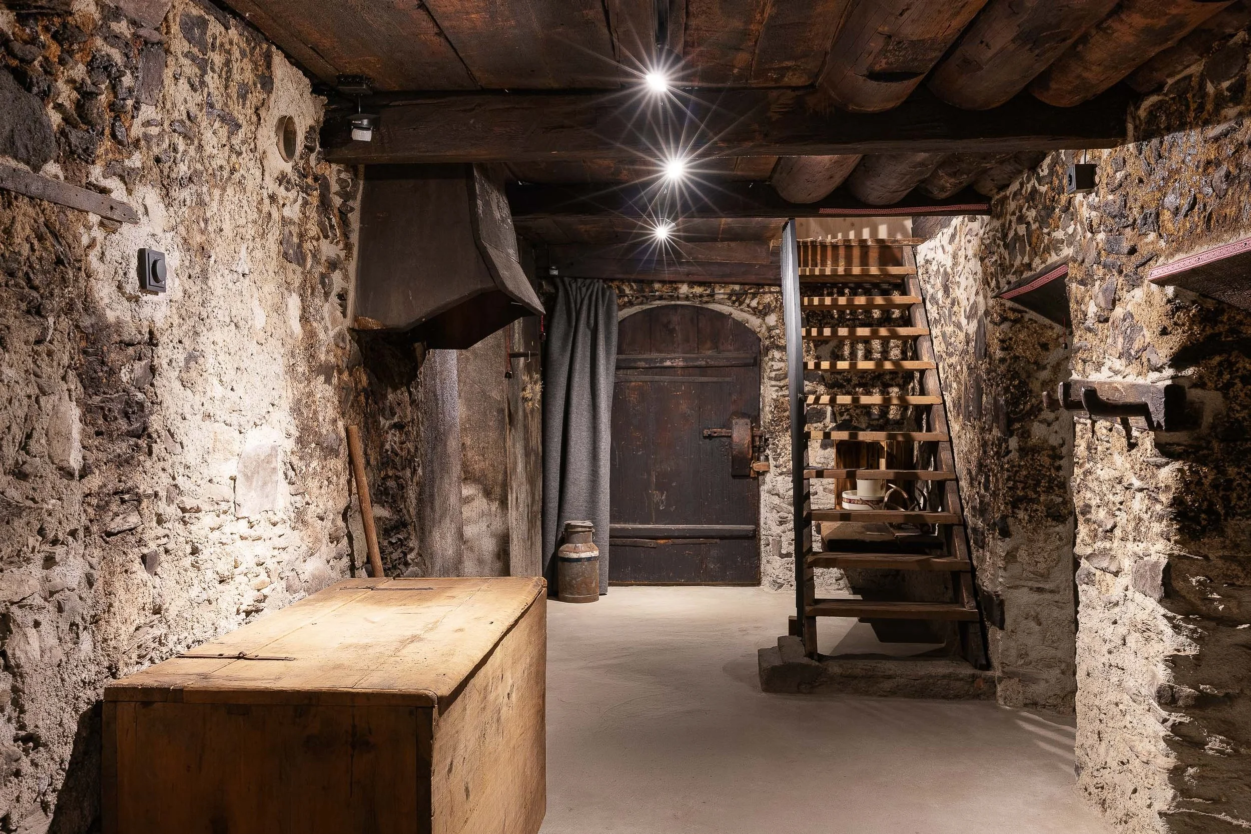 Innenansicht eines historischen Steingewölbekellers mit Backsteinboden, Holzstufen und rustikalen Wandoberflächen aus Stein und Holz, beleuchtet von mehreren Deckenlichtern.