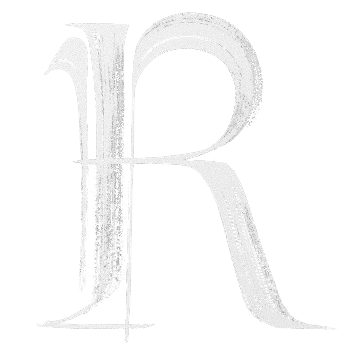 Schriftzug eines stylisierten weißen Buchstabens 'R' auf schwarzem Hintergrund.