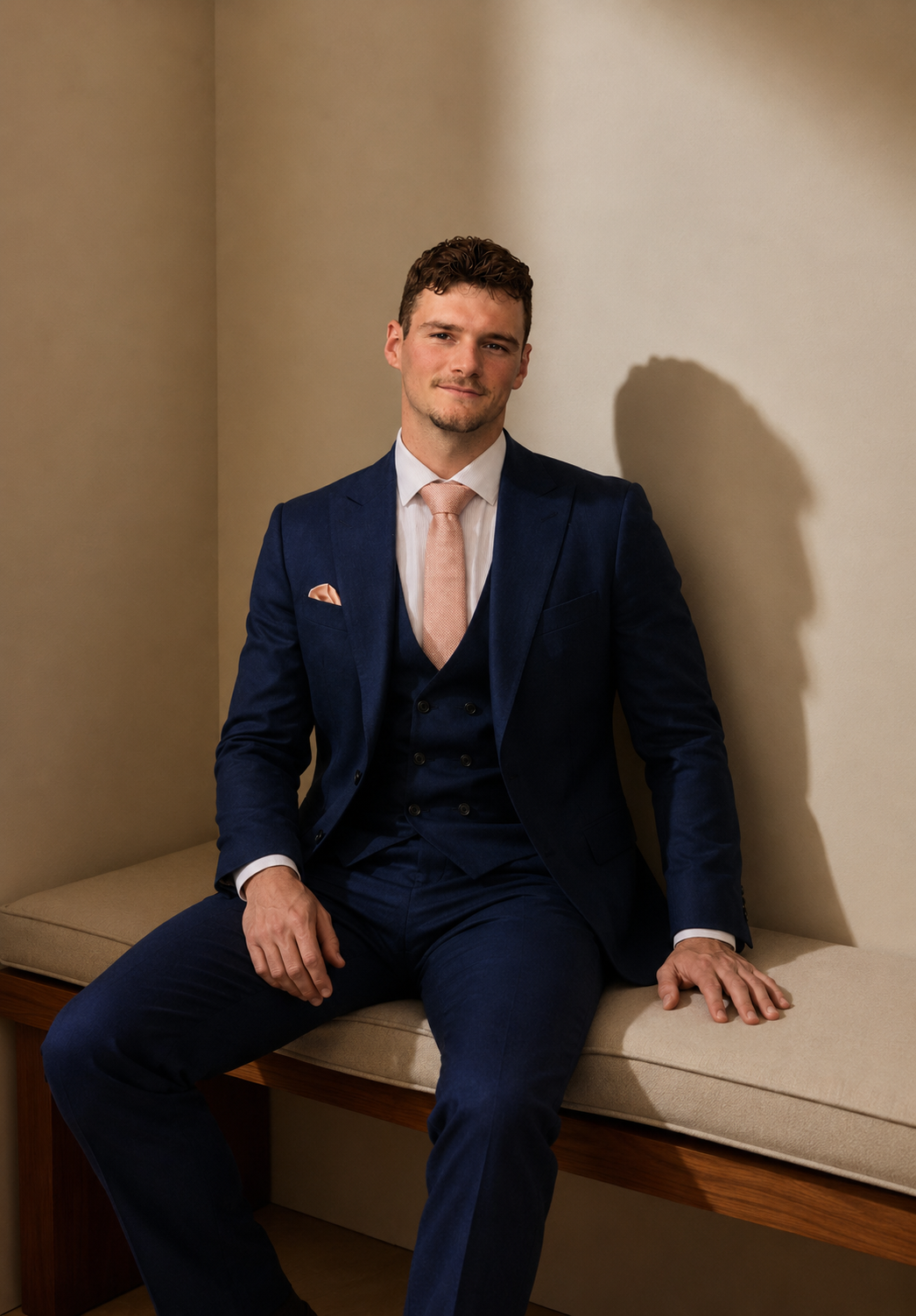 Man in a navy blue suit with a pink tie and pocket square, sitting on a bench against a beige wall, looking at the camera with a slight smile.