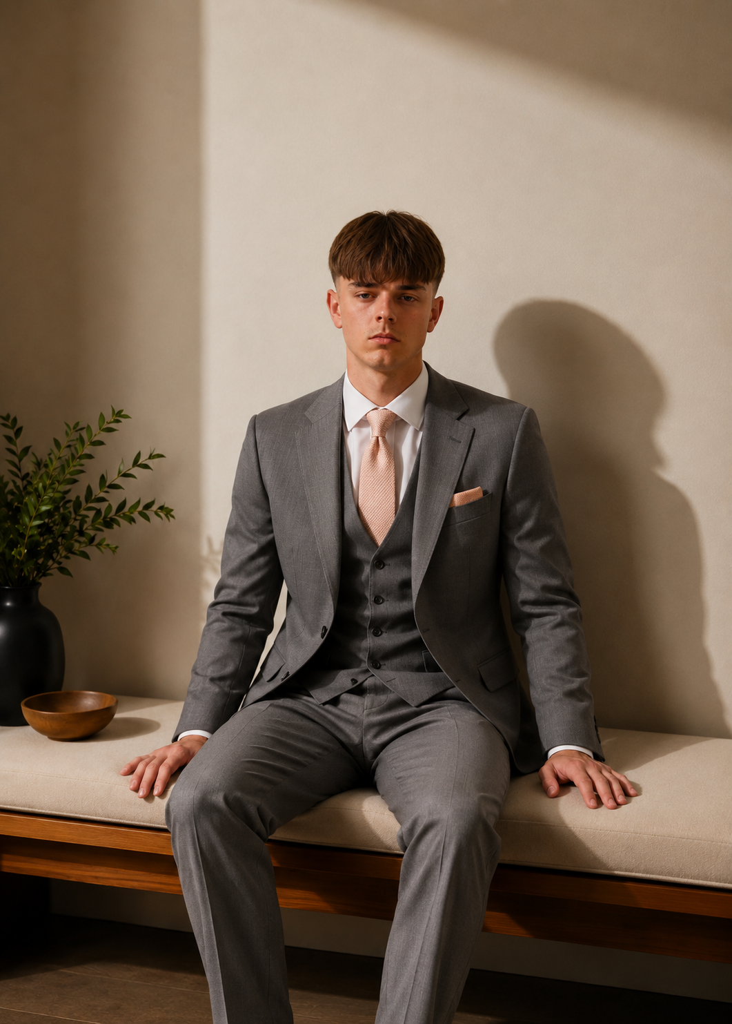 A young man in a gray suit with a light pink tie, sitting on a beige cushioned bench against a neutral wall, with a plant and small bowl nearby.