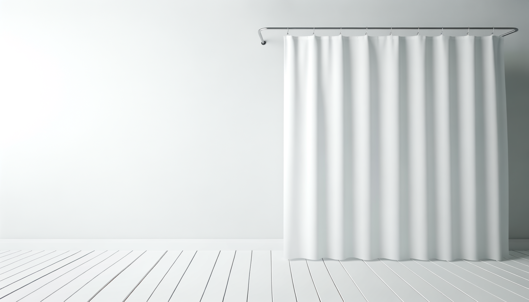 White shower curtain hanging from a metal rod in a minimalist bathroom with white walls and light wooden floor.