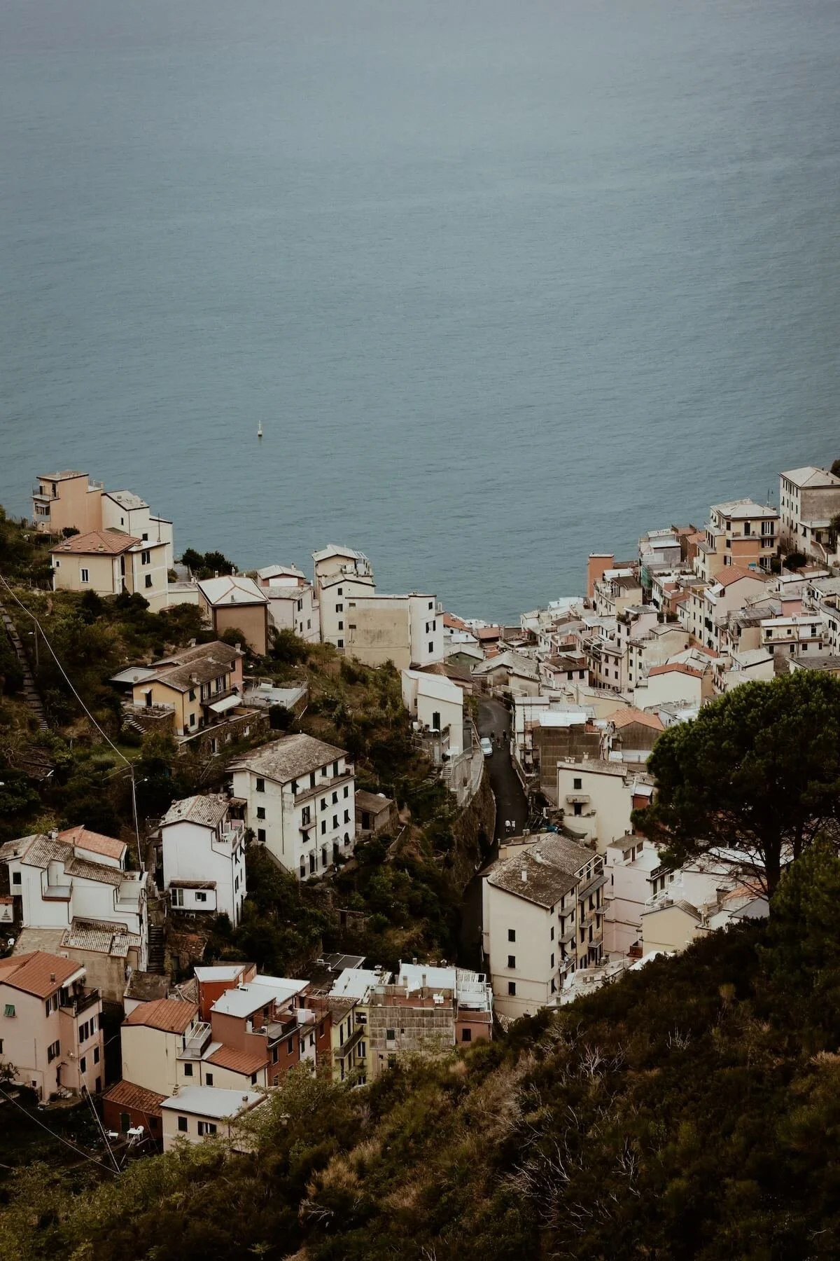 Hillside town with houses and buildings overlooking a body of water, with a buoy floating in the water.