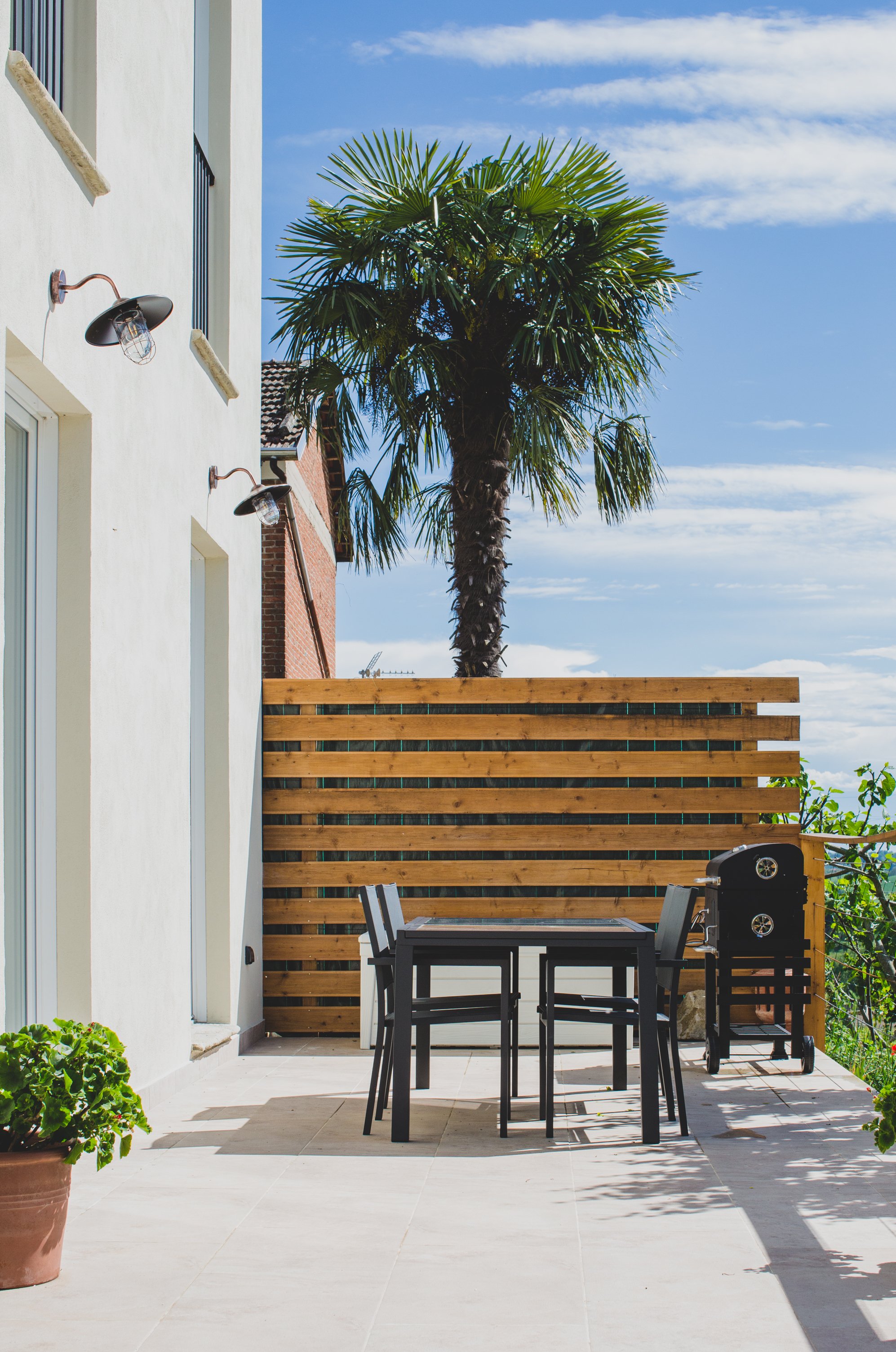An outdoor patio with a black table and four matching chairs, a potted green plant, a wooden privacy fence, and a tall palm tree against a blue sky with some clouds.