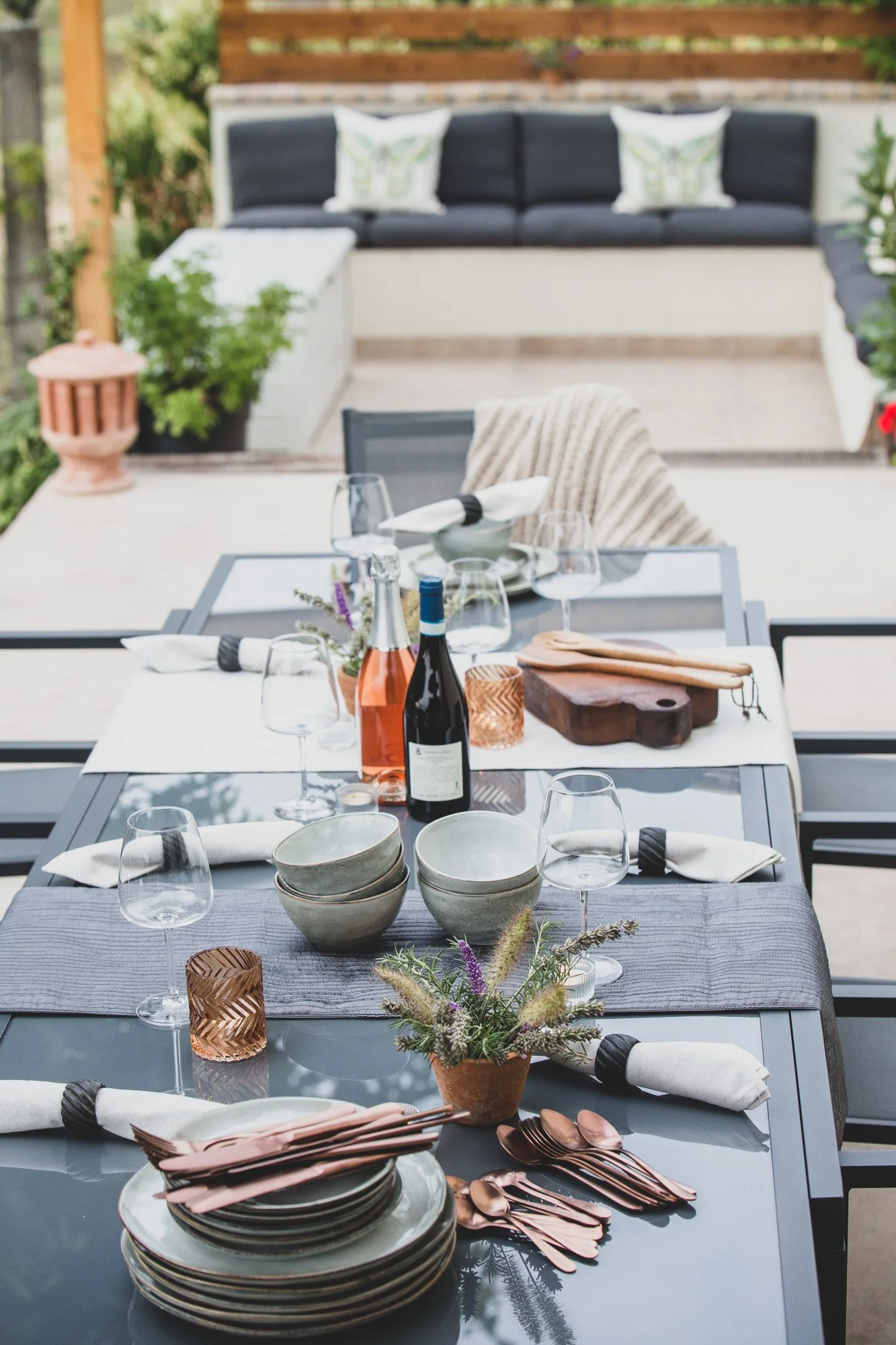 Outdoor dining terrace and shady pergola in the background - outdoor seating your way.