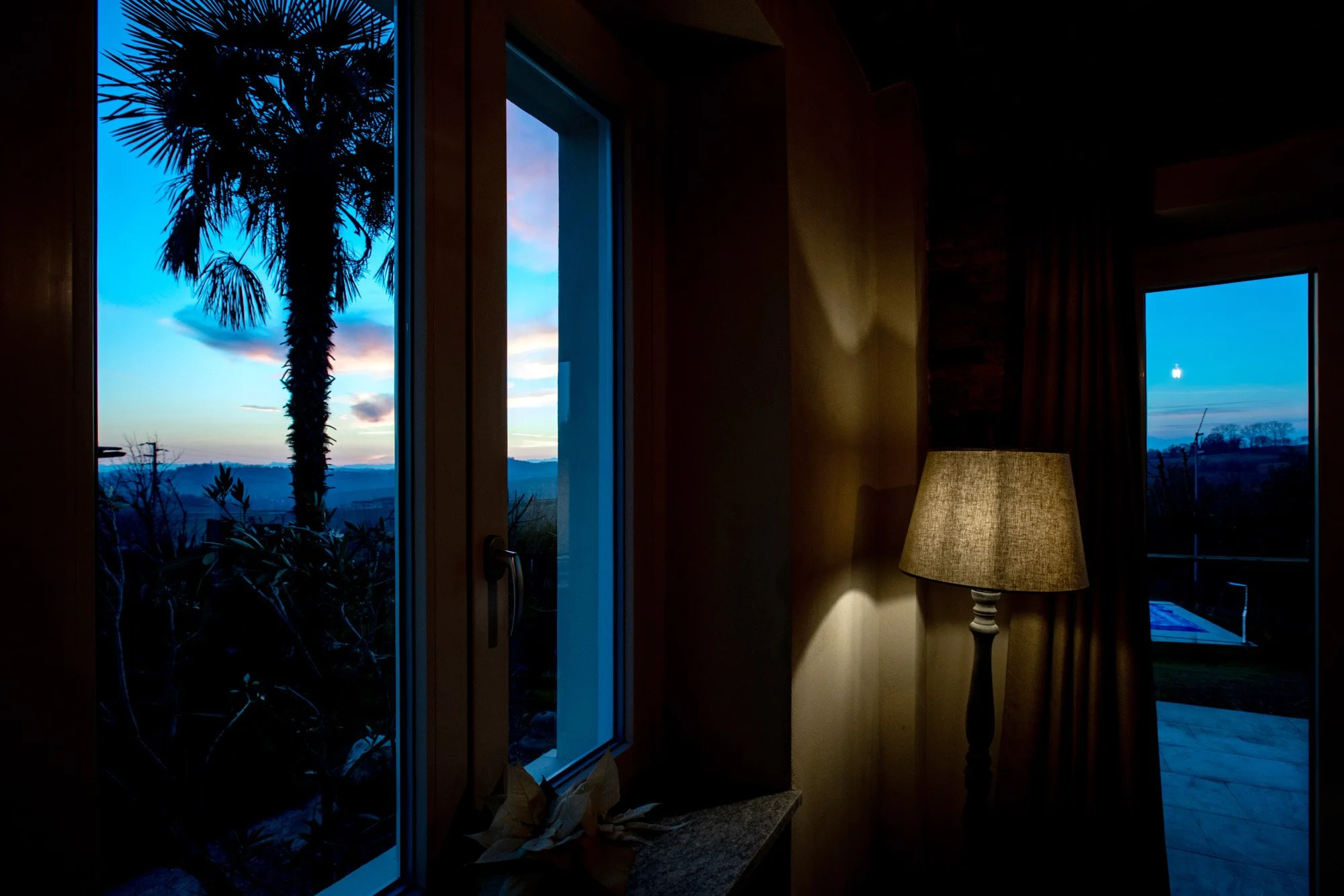 With a low light lounge area watch the evening sky and silhouetted palm tree outside looking towards the sunsetting.