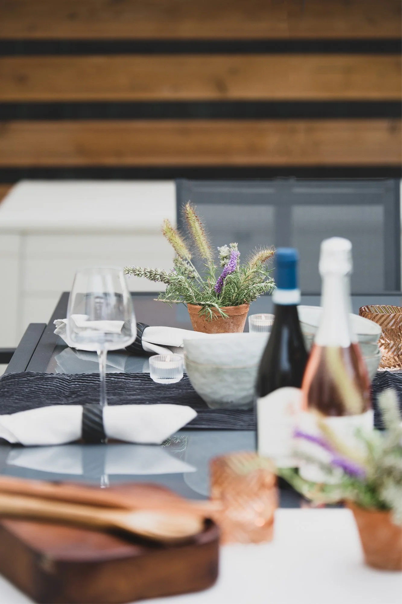 The dining table on the terrace overlooking the gardens & pool is the perfect dusk lit environment for spending social nights together.