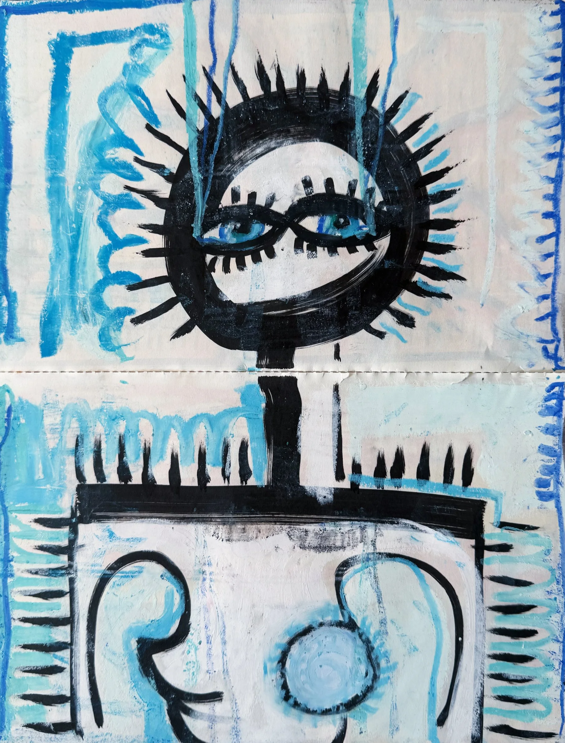 A painting of a stylized eye with exaggerated eyelashes, surrounded by abstract shapes and lines in blue and black on a beige background. investigates the architectural and emotional layers of human resilience.