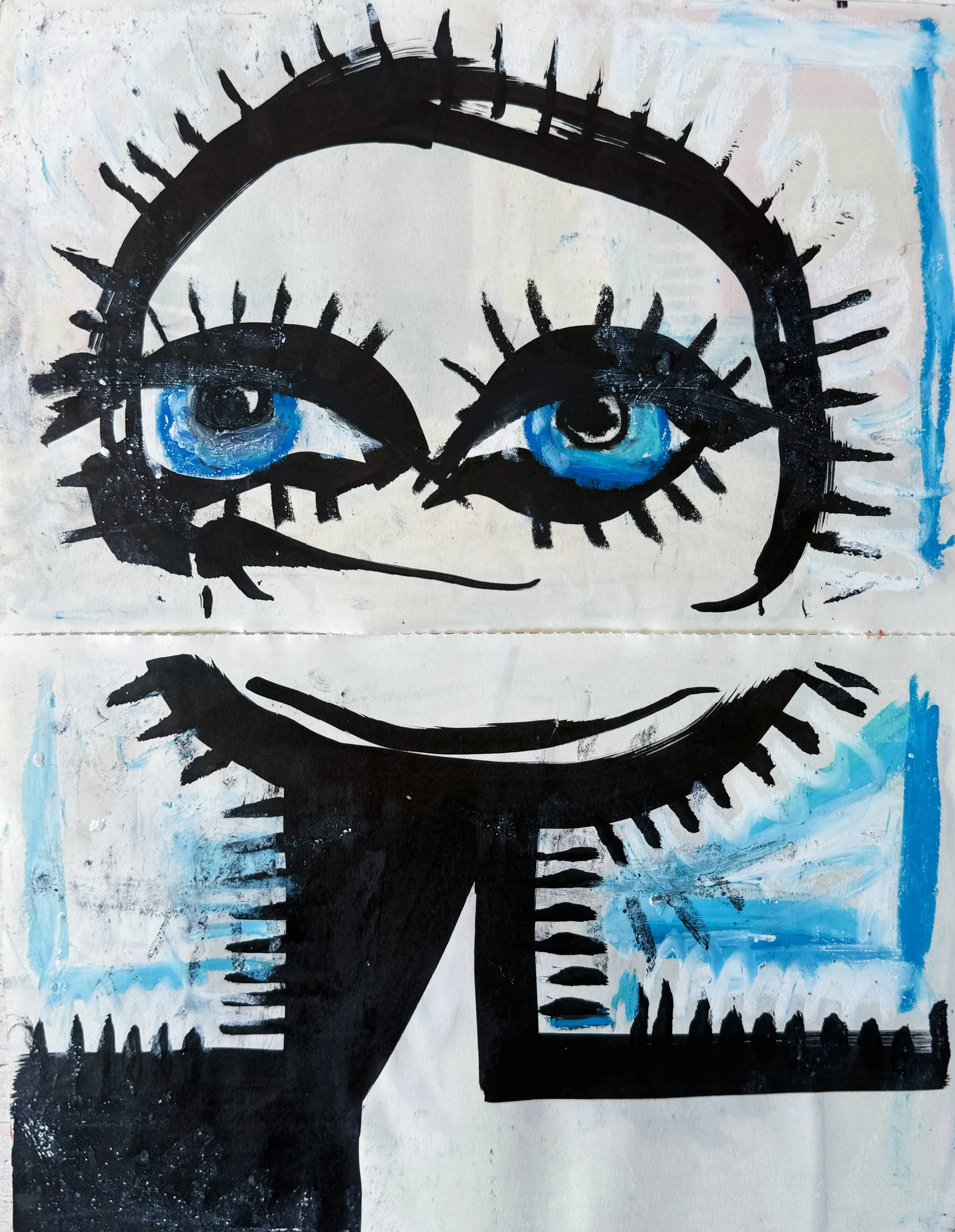 Abstract painting of a large black eye with long eyelashes, with the eye's outline and eyelid in black, and blue accents around the eye, set against a background of textured white and light blue.