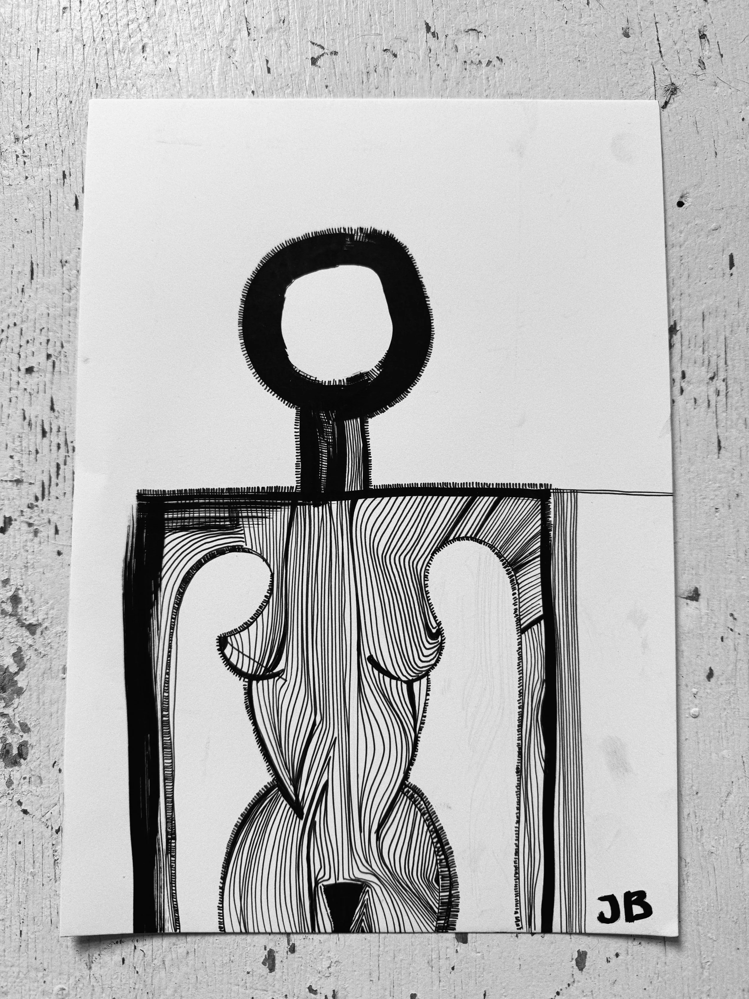 Black and white illustration of a baby wearing a hooded jacket with striped details, standing with arms at sides, signed with initials 'JB' in the bottom right corner.