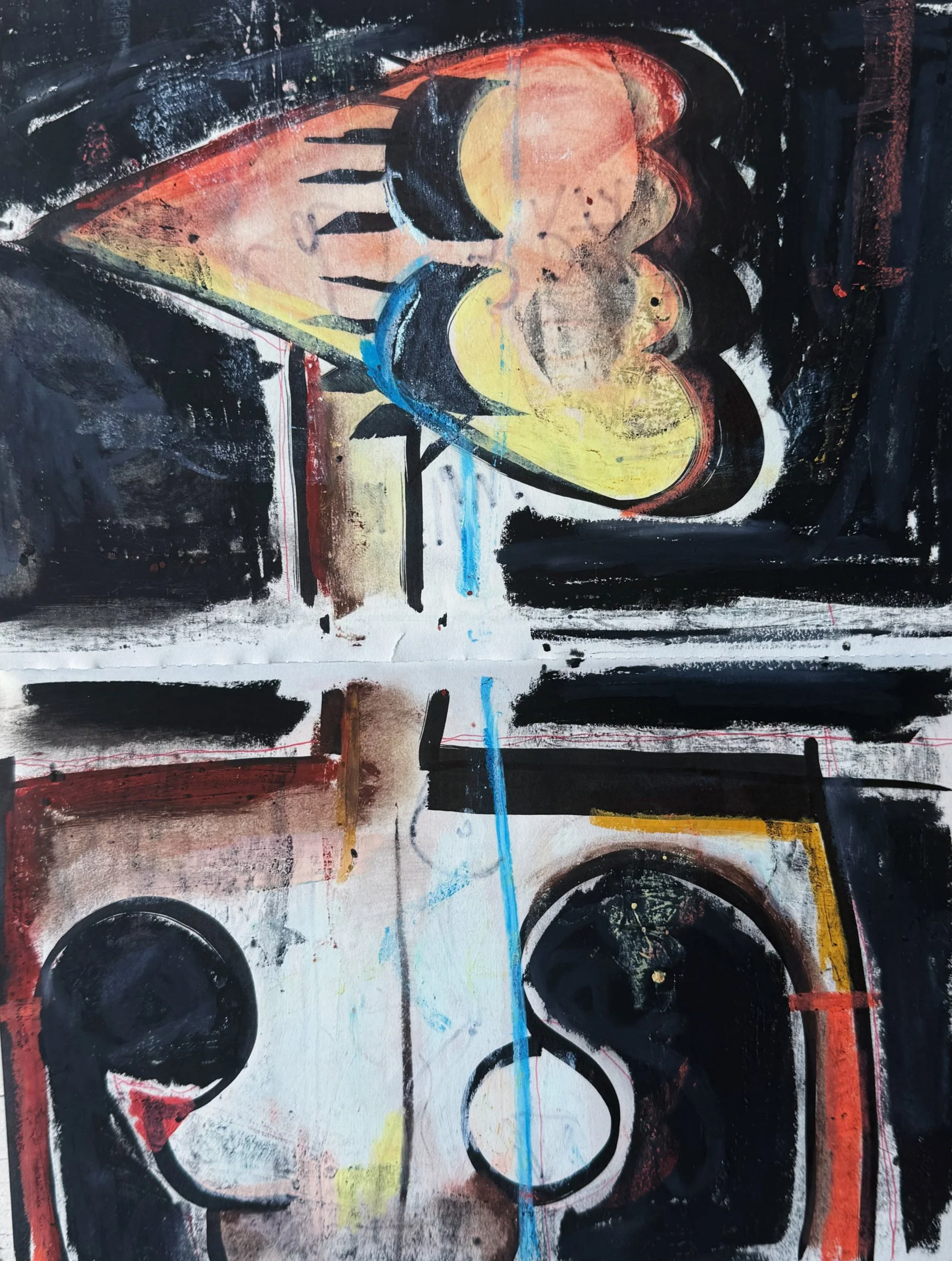 Abstract painting with vivid colors including black, red, yellow, blue, and white, featuring circular and linear shapes and textures.
