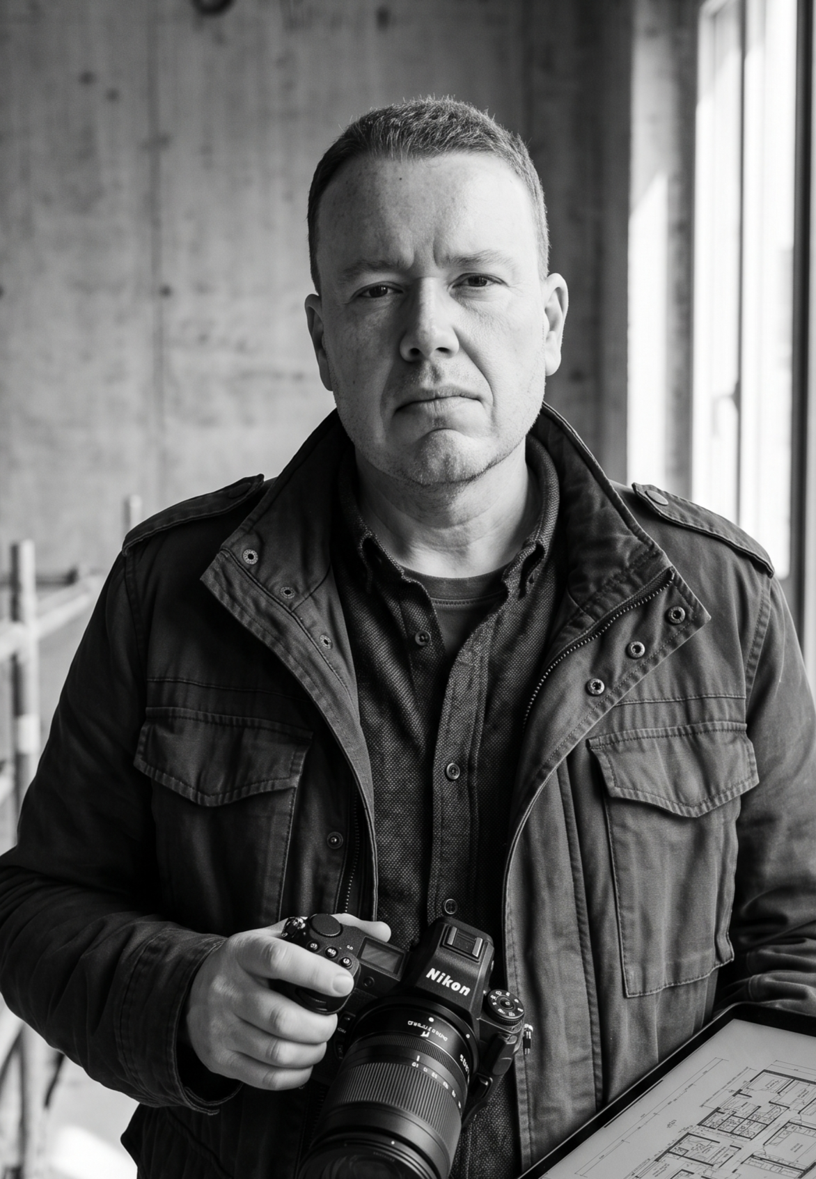Schwarz-weiß-Foto eines Mannes, der eine Kamera in der Hand hält, vor einem Bauplan, im Hintergrund eine Baustelle.