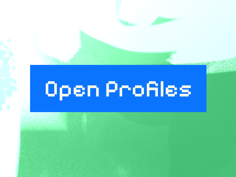 A digitally altered image with a blue rectangle containing the text 'OpenProfiles' in pixelated font, over a background with shades of green and white.
