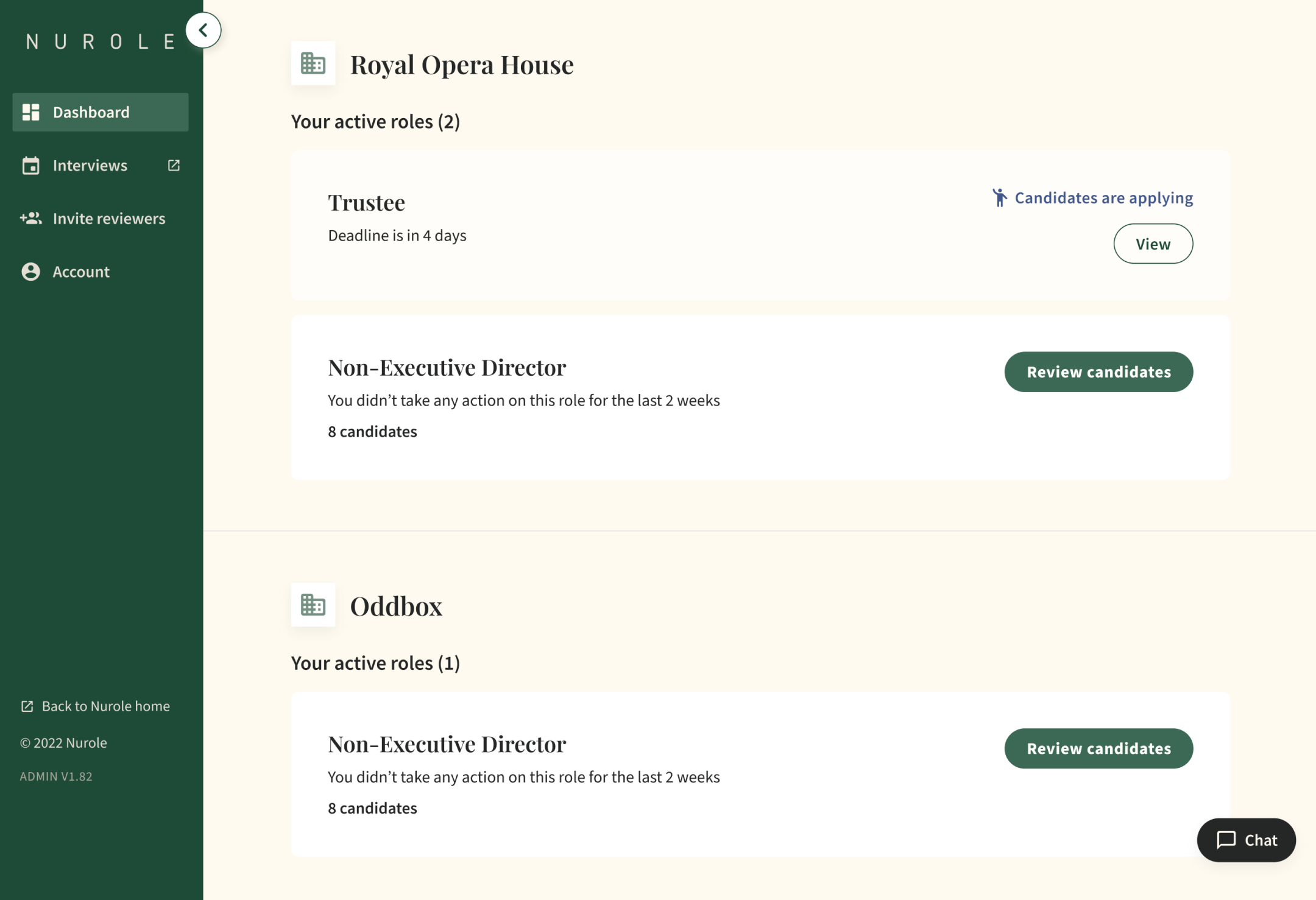 Screenshot of a user interface dashboard for Nuróle with sections for active roles in a hiring process, including 'Trustee' and 'Non-Executive Director,' displaying deadlines and candidate counts, and options to review candidates and view details.
