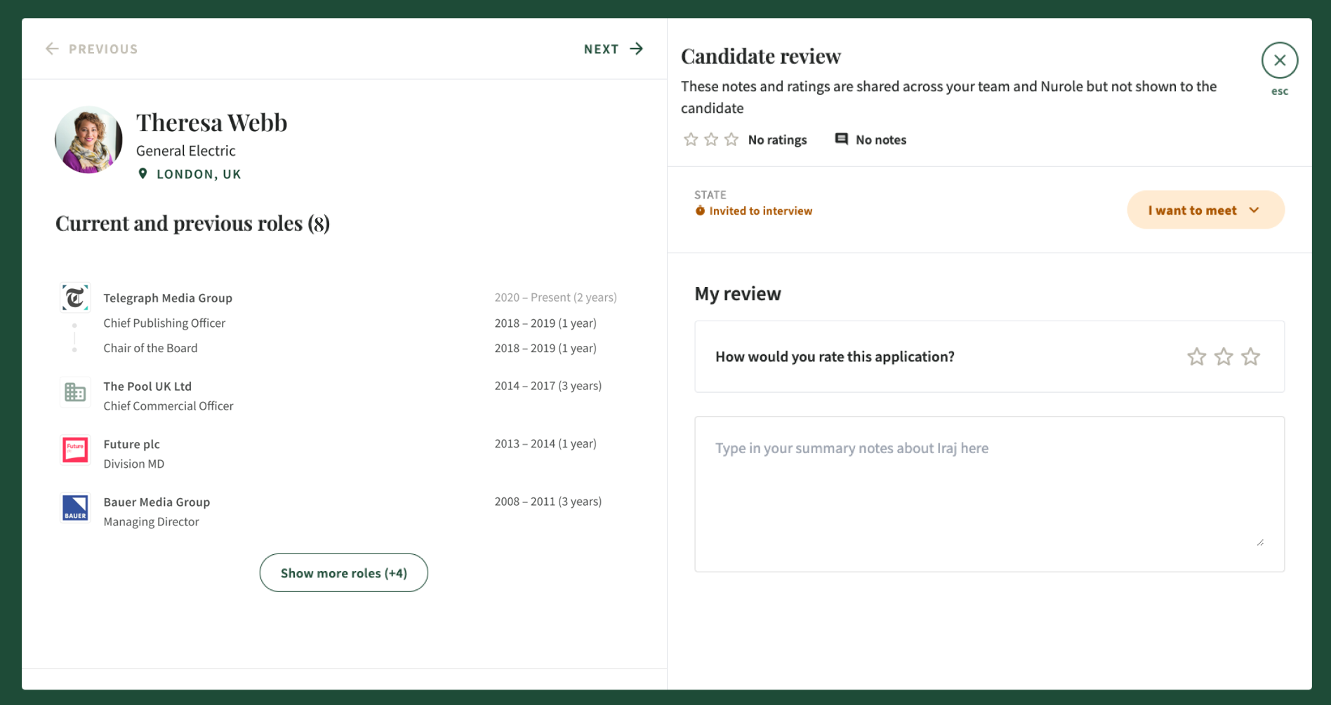 Screenshare of a professional profile page showing a candidate's current and previous roles, with a candidate review section and options to rate and write notes.