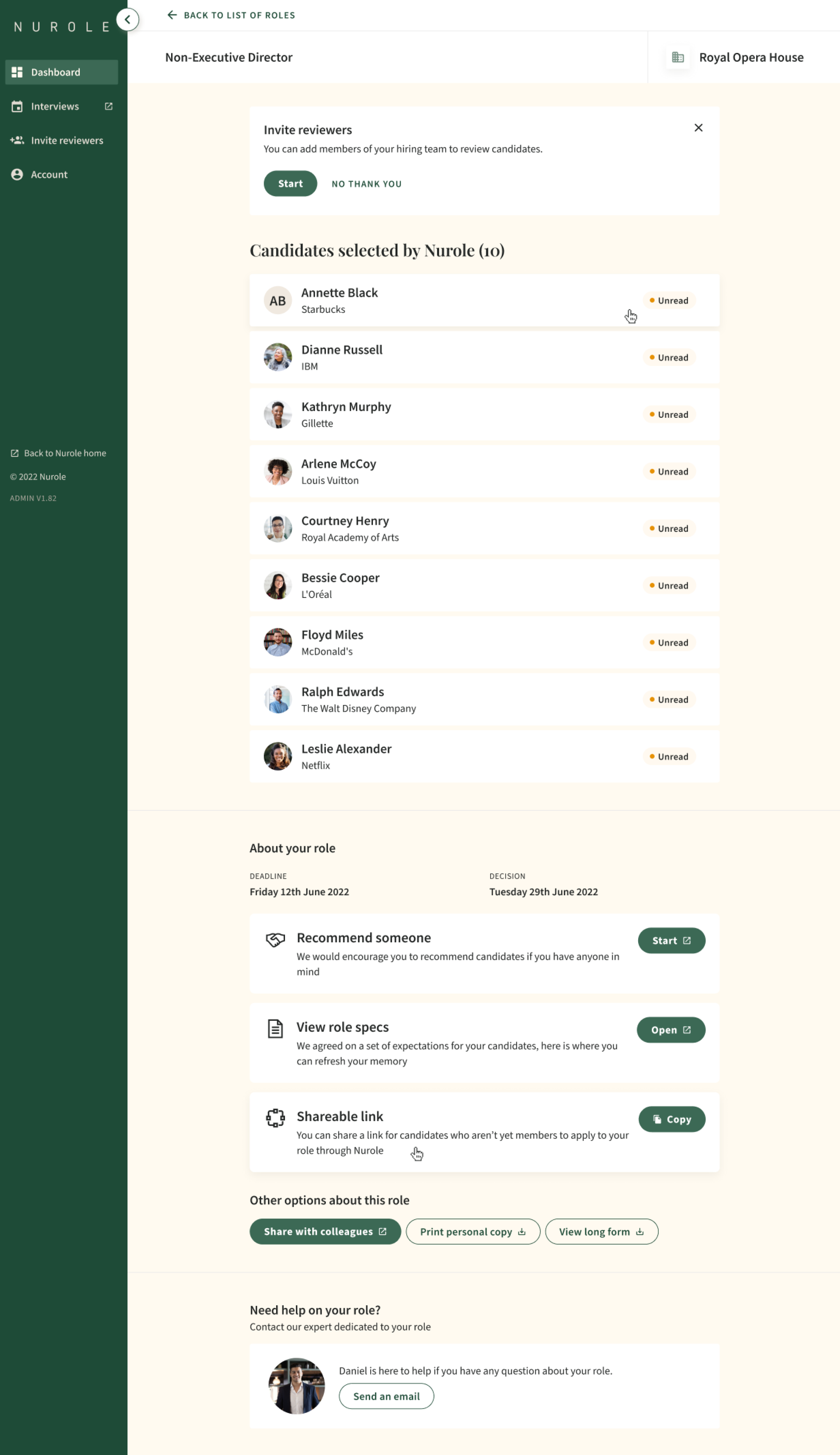 Screenshot of a webpage showing a role management interface for a non-executive director at the Royal Opera House. The page lists candidates selected by Nurole, with their names, companies, and unread status. It includes options for inviting reviewer