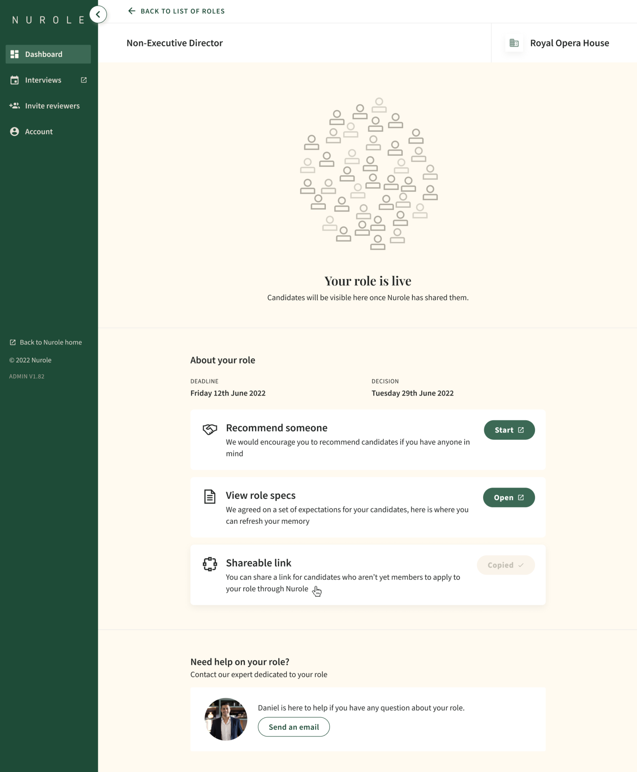 Screenshot of an online platform with a green sidebar menu on the left and a main content area. The main content shows an organizational chart with icons of people and the message "Your role is live". There is a section about the user's role, deadlin