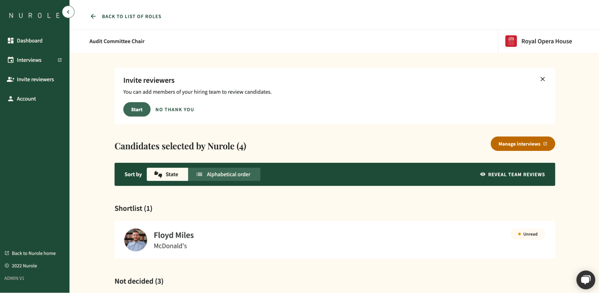 Diagram of an online platform dashboard with navigation menu on the left, main section displaying candidate list, and options for managing interviews.