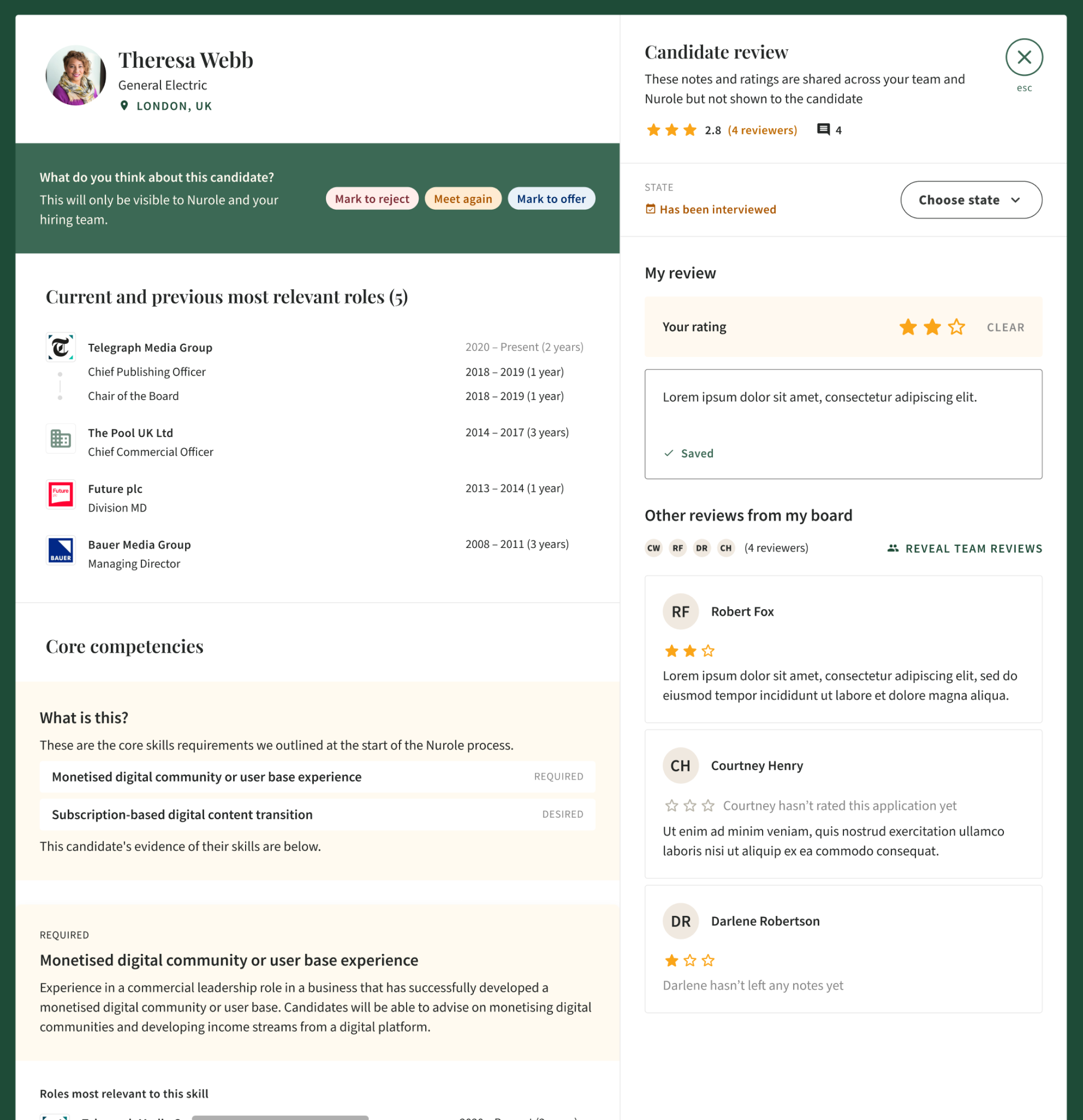 Screenshot of a candidate review interface showing candidate profile, roles, skills, and review ratings with options to accept, reject, or meet again.